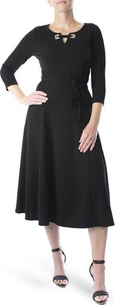 Nina Leonard Sylvia Grommet Split Neck Tea Dress in Black at Nordstrom Rack, Size Medium