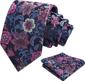 Alizeal Mens Flower Pattern Tie and Pocket Square Classic Casual for Party Wedding Necktie and Hanky Set, Navy Blue+Hot Pink