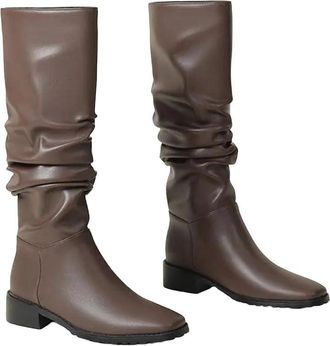 Generic Womens Knee High Boots Pleated Design Belt Buckle Chunky Heel Casual Style
