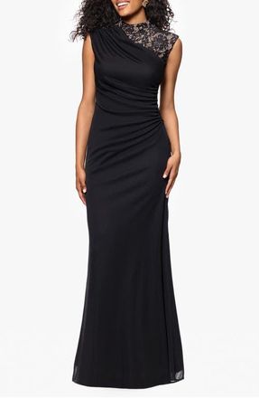Betsy & Adam Lace Trim Asymmetric Ruched Gown in Black/nude at Nordstrom, Size 14