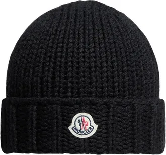 Moncler Accessoires, unisex, Zwart, M, Wol, Ribbed Wool Beanie