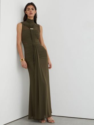 Reiss Khaki Green Petite Ruched Sleeveless Maxi Dress, 10
