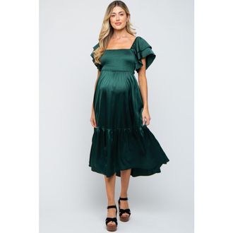 Pinkblush Satin Flutter Sleeve Midi Dress in Forest Green at Nordstrom, Size Medium