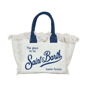 MC2 Saint Barth Tote Bags, female, White, Size: ONE SIZE Fringed Cotton Canvas Bag with Logo