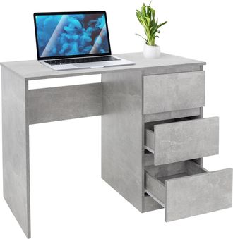 ML Design Ml-design - Escritorio Con 3 Cajones 90x76x50 Cm Gris Con Aspecto De Cemento Con Tapas De Cajones Con Gran Espacio De Almacenamiento Mesa De Trabajo P