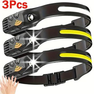 OEM Linterna Frontal De Tres Piezas Con Sensor De Movimiento, M&uacute;ltiples Modos, Recargable Para Correr, Acampar, Hacer Senderismo Y Actividades Al Aire Lib