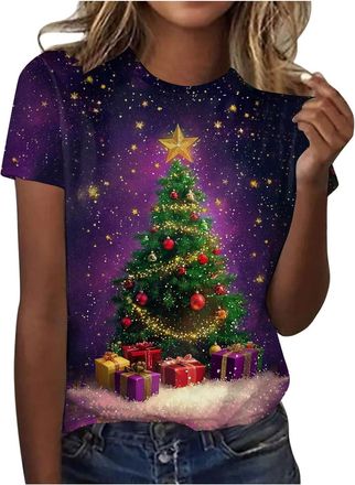 Generic Womens Christmas T Shirts Short Sleeve Short Sleeves Tshirt Graphic Tees Santa Snowflake Print Blouse Funny Festive Top Casual Funny Going Out Blouse 