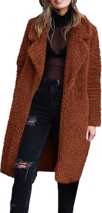 Generic Ladies Fleece Long Jackets Women Sherpa Notched Lapel Warm Coat Autumn Winter Teddy Open Front Cardigans Long Sleeve Casual Loose Jackets Longline The