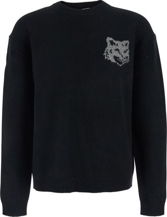 Maison Kitsuné Black Crewneck Sweater With Dropped Shoulders And Logo Embroidery On The Front In Wool Man