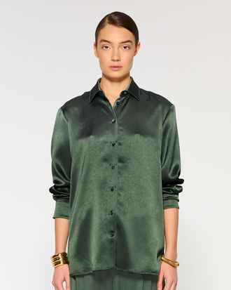 Serena Bute Satin Boyfriend Shirt - Dark Green