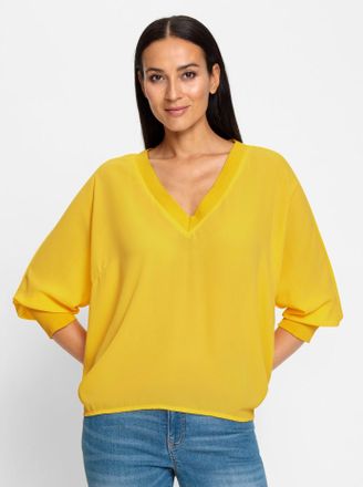 Heine Langarmbluse HEINE, Damen, Gr. 34, gelb (sonnengelb), 100% Polyester, unifarben, V-Ausschnitt, Blusen Langarmbluse