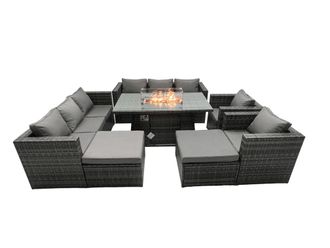 Fimous Rattan Garden Furniture Firepit Dining Set 10 Seater Lounge Sofa Table Set with 2 big Footstool in Dark Grey