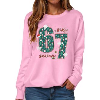 Generic Six Seven Christmas Jumpers for Women Christmas 67 Long Sleeve Sweatshirt Xmas Santa Six Seven Pullover Tops Pink