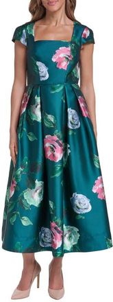 Eliza J Square Neck Satin Midi Dress in Hunter at Nordstrom, Size 12