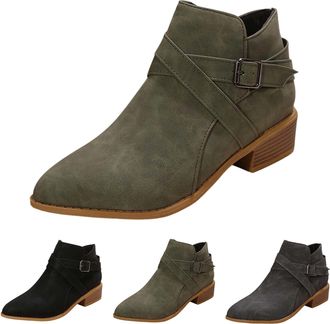 Generic Womens Ankle Boots Roman Retro Short Boots for Women - Autumn/Winter Large Size with Chunky Medium Heel Pointed Toe Design for Casual and (Army Green,