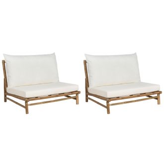 Beliani Conjunto De 2 Sillas De Bamb&uacute; Madera Clara Y Blanco Todi Con Respaldo Cojines Mobiliario De Interior Y Exterior Jard&iacute;n Claro Y Blanco Crema