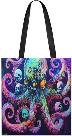 Generic Psychedelic Octopus With Skulls Womens Tote Casual Shopping Bag Lightweight Shoulder Bags Hobos Handbag for Work Travel Daily 35x40cm