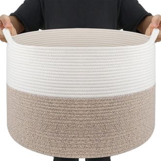 OEM Cesta Grande De Mimbre/algod&oacute;n Marr&oacute;n Para La Ropa Sucia, 83 L (55 Cm De Di&aacute;metro X 35 Cm De Alto), Cesta Hecha A Mano Con Asas Para Juguetes