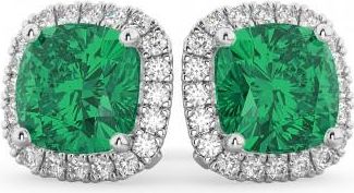 Allurez Halo Cushion Lab Emerald & Diamond Earrings 14k White Gold (4.04ct)