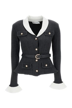 Self Portrait Grey/White Ribbed Knit Belted Cardigan