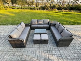 Fimous Rattan Lounge Sofa Set 11 Seater Outdoor Garden Furniture Set with Rectangular Coffee Table 3 Seater Sofa Side Table 2 Small Footstools