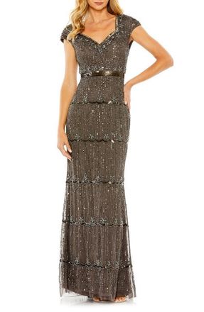 Mac Duggal Cap Sleeve Embellished Column Gown in Charcoal at Nordstrom, Size 12