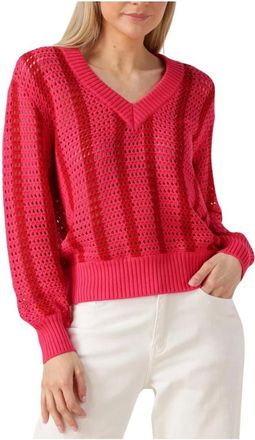 Colourful rebel Truien & Vesten, Dames, Rood, S, Denim, Roze Crochet Stripe V-hals Trui
