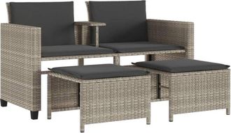 vidaXL Sof&aacute; Jard&iacute;n 2 Plazas Con Mesa Y Taburetes Rat&aacute;n Pe Gris Claro Vidaxl