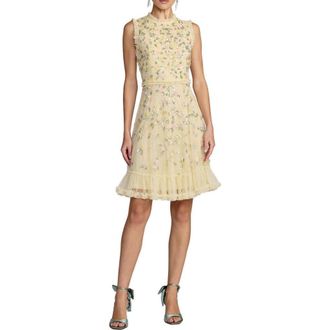 Mac Duggal Sleeveless Floral Beaded Mock Neck Tulle Mini Dress in Lemon at Nordstrom, Size 10
