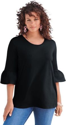 Roaman's Plus Size Cotton Ultimate Bell Sleeve Tee in Black at Nordstrom, Size 36