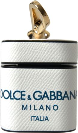 Dolce & Gabbana Womens White Blue Calf Leather Logo Print Strap Airpods Case Accessory