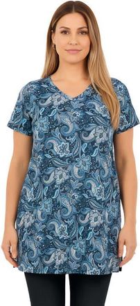 Roaman's Plus Size Ultimate Cotton V-Neck Short Sleeve Tunic in Navy Paisley Floral Print at Nordstrom, Size Large