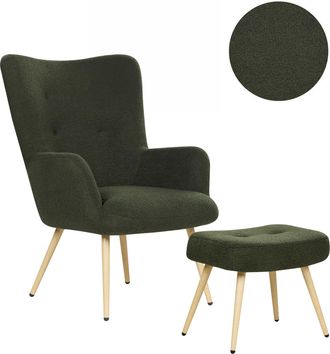 Beliani Beliani - Sill&oacute;n Orejero Moderno De Mediados De Siglo Tapizado De Boucl&eacute; Verde Oscuro Con Reposapi&eacute;s Vejle Ii