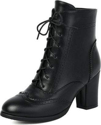 Generic Womens Vintage Lace-Up Ankle Boots with Chunky Heel - Retro Round Toe Booties with Brogue Detail,Black,5.5 UK