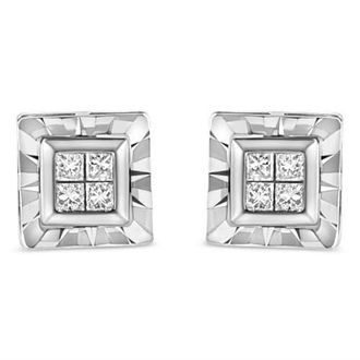 House of Brilliance Silver 1/6 Ct Invisible Princess Quad Composite Stud Earrings in White at Nordstrom