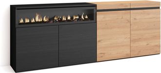 Skraut Home Aparadores Para Sal&oacute;n, Gran Capacidad De Almacenaje, 200x75x35cm, 4 Puertas, Chimenea El&eacute;ctrica, Estilo Moderno, Roble Y Negro - Skraut Home