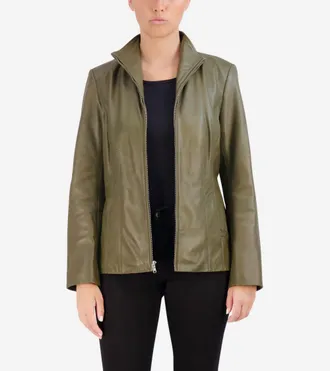 Cole Haan Womens Wing Collar Leather Jacket - Green Size Medium