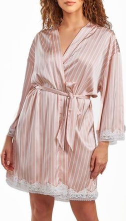 iCollection Silky Satin Stripe Lace Robe Mid-Thigh Length in Pink at Nordstrom, Size X-Small