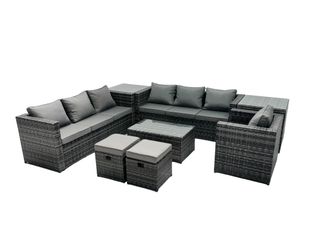 Fimous 9-seater Patio Coffee Table Sofa Set with 2 Small Stools 2 Side Tables in Dark Grey