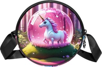 Generic Circle Crossbody Bag for Women, Unicorn Crystal Ball Small Sling Bag Daypack with Zipper Adjustable Shoulder Straps Casual Ladies Girls Round Purse