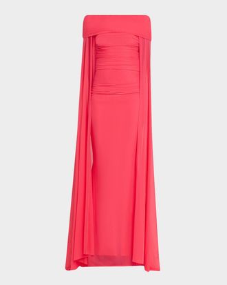 Talbot Runhof Ruched Off-The-Shoulder Mesh Cape Gown