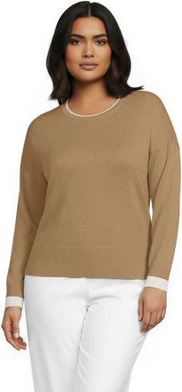 Lands End Plus Size Double Trim Cotton Crew Neck Sweater in Vicuna Heather/white at Nordstrom, Size 3X