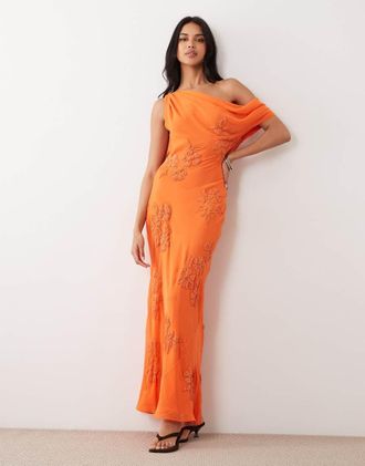 Asos Vestito lungo arancione con spalle scese drappeggiate e decorazioni floreali