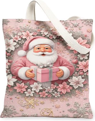 Generic Christmas Santa Floral Canvas Tote Bags, Holiday Flower Pattern Reusable Grocery Bags, Winter Vintage Lightweight Washable, Peach, 13x15 Inch