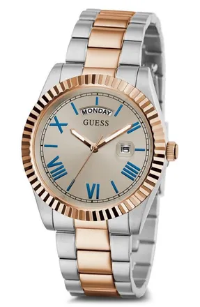 Guess Connoisseur Day/Date Two-Tone Bracelet Watch, 42mm in Rose Gold at Nordstrom