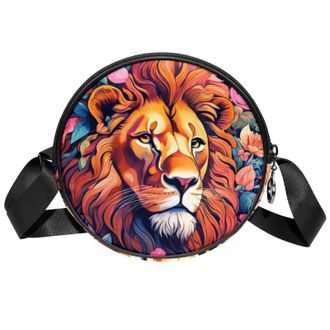 Generic Circle Crossbody Bag for Women, Color Drawing Lion Small Sling Bag Daypack with Zipper Adjustable Shoulder Straps Casual Ladies Girls Round Purse
