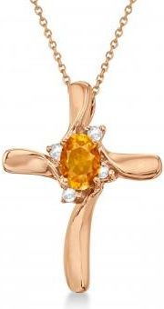 Allurez Oval Citrine & Diamond Cross Necklace Pendant 14k Rose Gold (0.50ct)