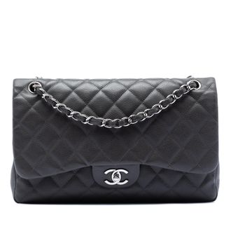 Chanel Pre-owned Womens Jumbo Classic Caviar Double Flap - Black Leather - One Size