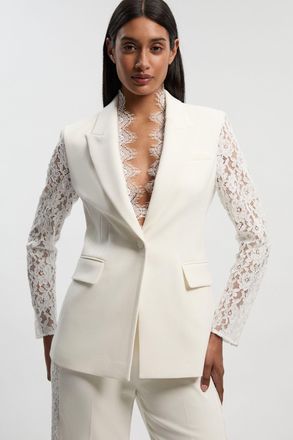 Karen Millen Womens Compact Stretch Lace Mix Tailored Single Breasted Blazer - White - Size 10 UK