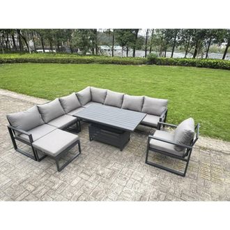 Fimous Aluminum 8 Piece 9-Seater Sofa Set with Rising Table, Chair & Big Stool in Dark Grey